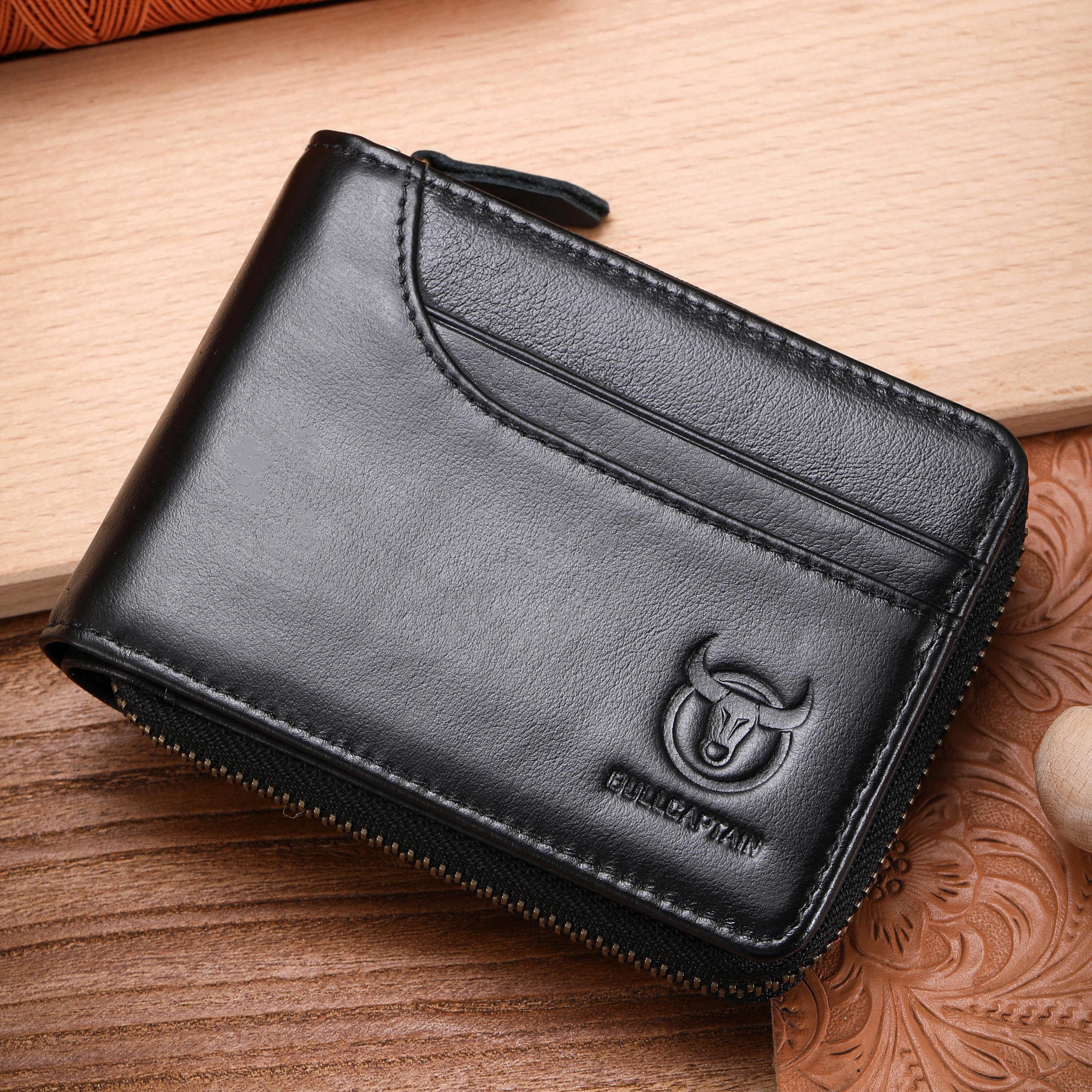 BULLCAPTAIN Men Short Wallet RFID Blocking Card Holder Cowhide Coin Purse Retro Genuine Leather Clutch Zipper Male Money Bags (image for) BULLCAPTAIN Men Short Wallet RFID Blocking Card Holder Cowhide Coin Purse Retro Genuine Leather Clutch Zipper Male Money Bags